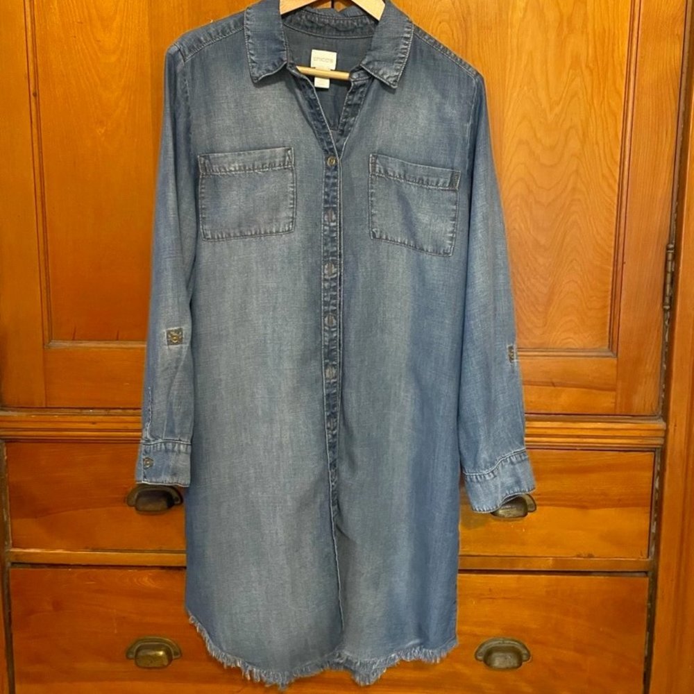 Size .5 Chico's lyocell denim shirt dress with subtle fringe detail